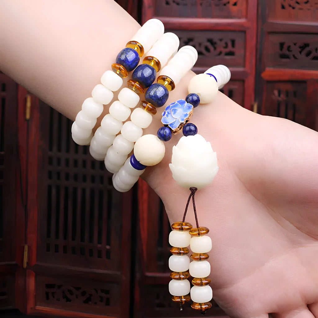 White Jade Bodhi Beads Long Bracelet with 6x8mm beads in multiple style options.