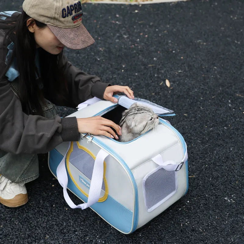 Outdoor portable foldable cat backpack in Oxford cloth with breathable mesh, showing colour options
