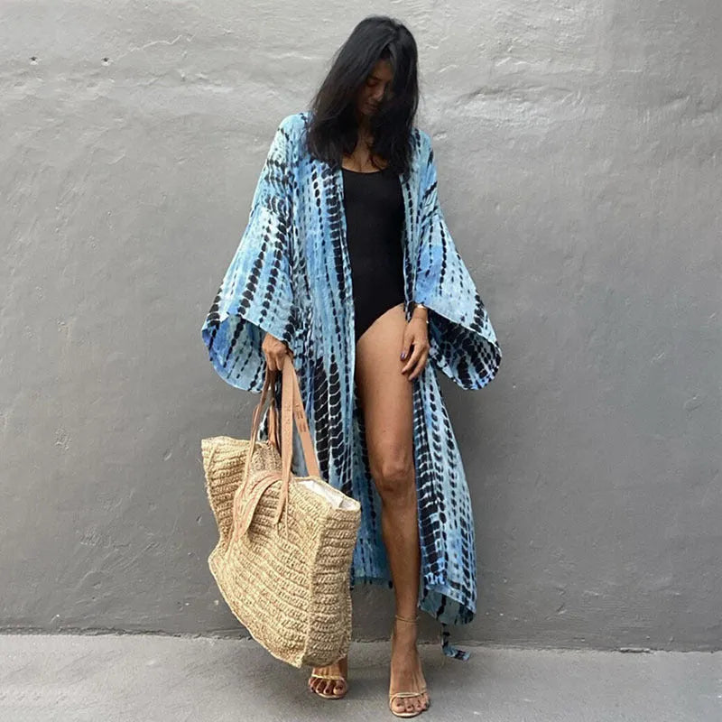 Printed cotton beach cover-up blouse with long sleeves in multiple colour options