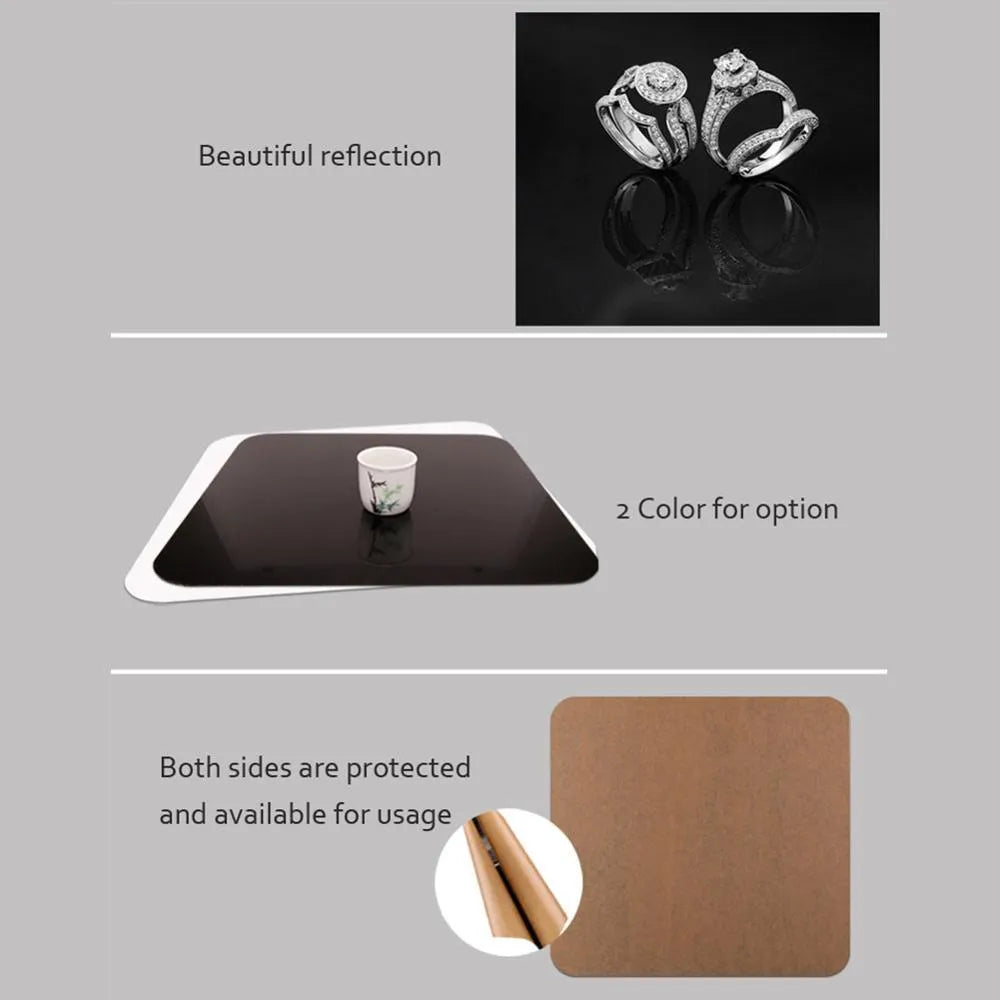 Black and white square acrylic reflection boards for photography in 20cm, 30cm, and 40cm sizes.