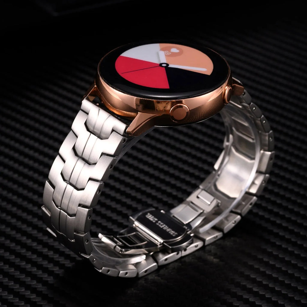 Stainless steel Samsung smartwatch replacement band in multiple metallic colours with universal 20mm and 22mm sizing