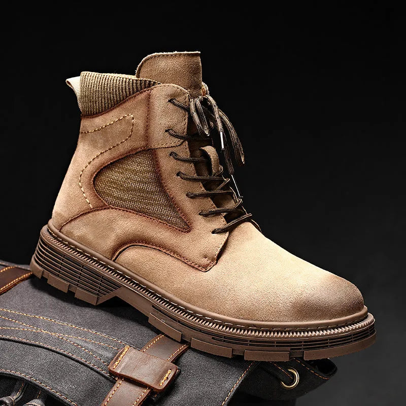 Men's vintage Martin boots with frosted leather texture and low thick rubber heel