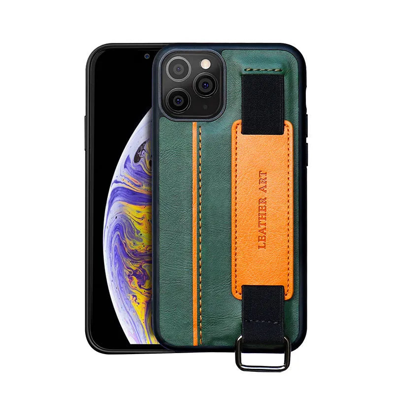 Imitation leather phone case with wristband and adjustable bracket in brown colour for iPhone