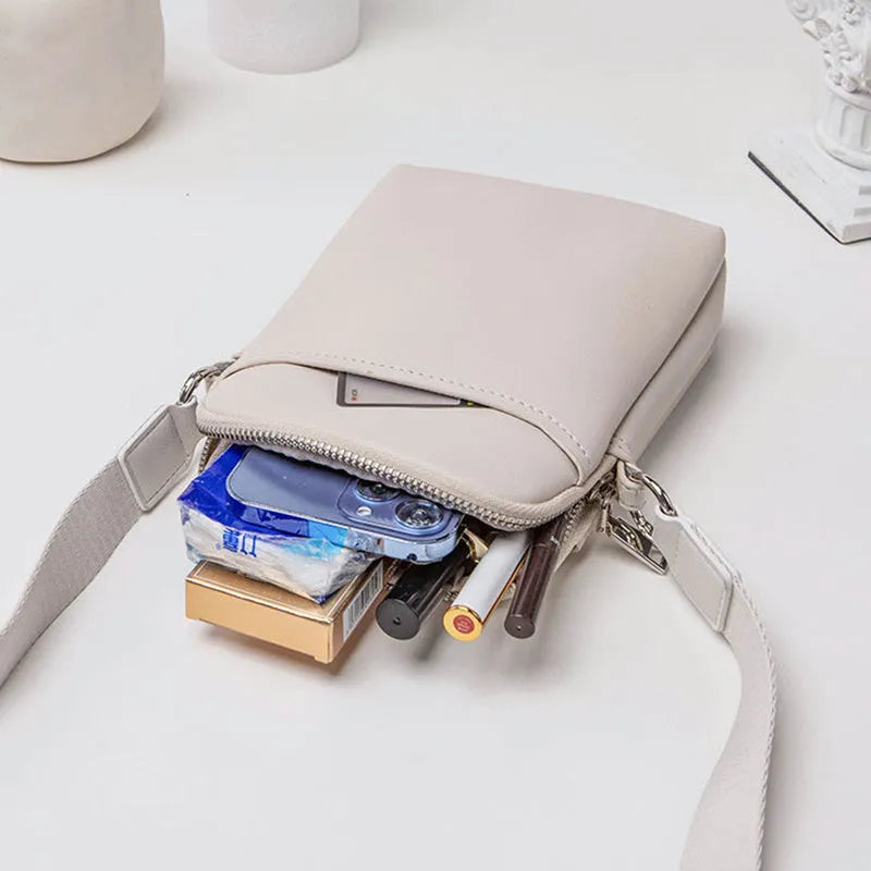 Solid colour mobile phone shoulder bag with crossbody strap in black, beige, khaki or green