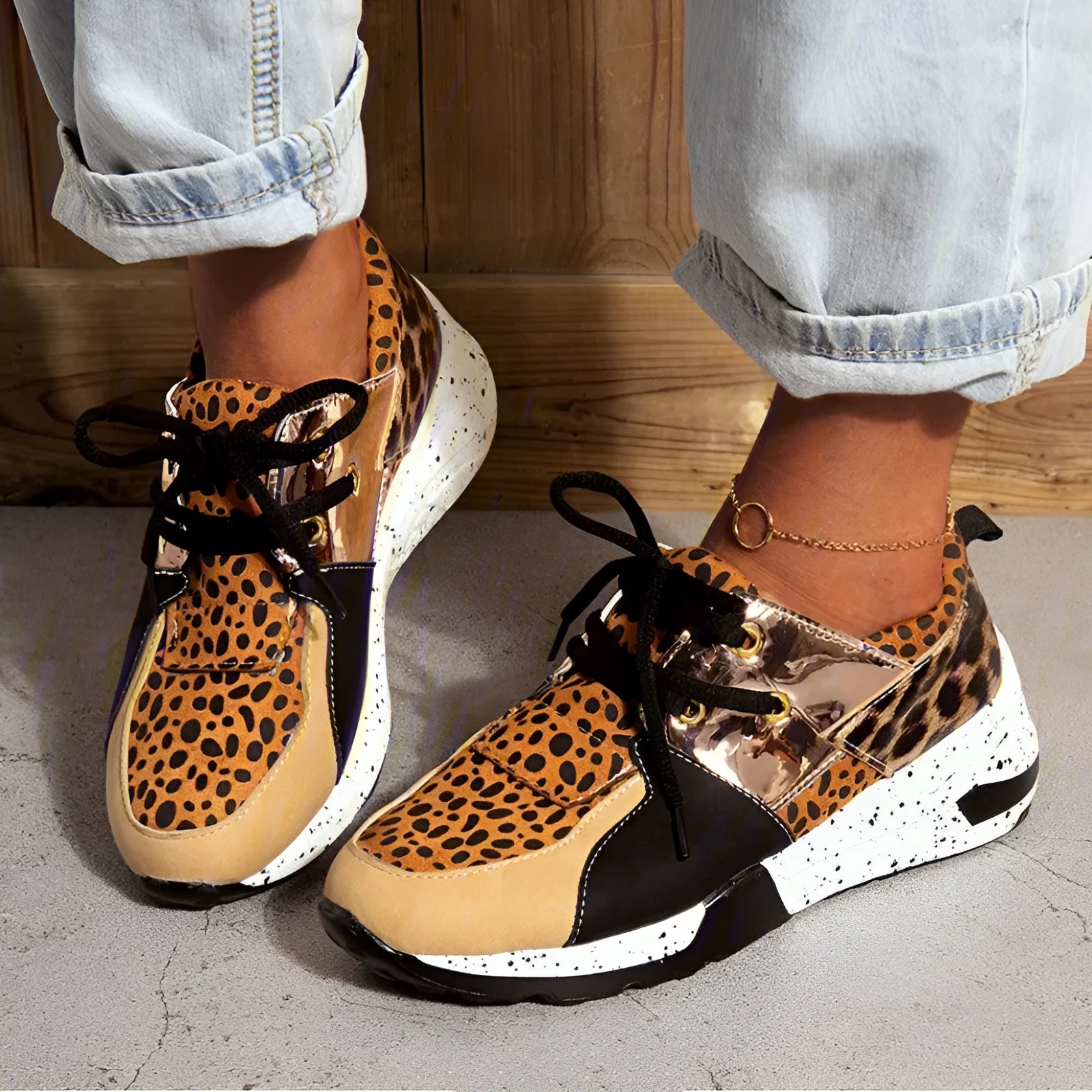 Women's suede casual sneakers with wedge heel in leopard print and snake pattern designs