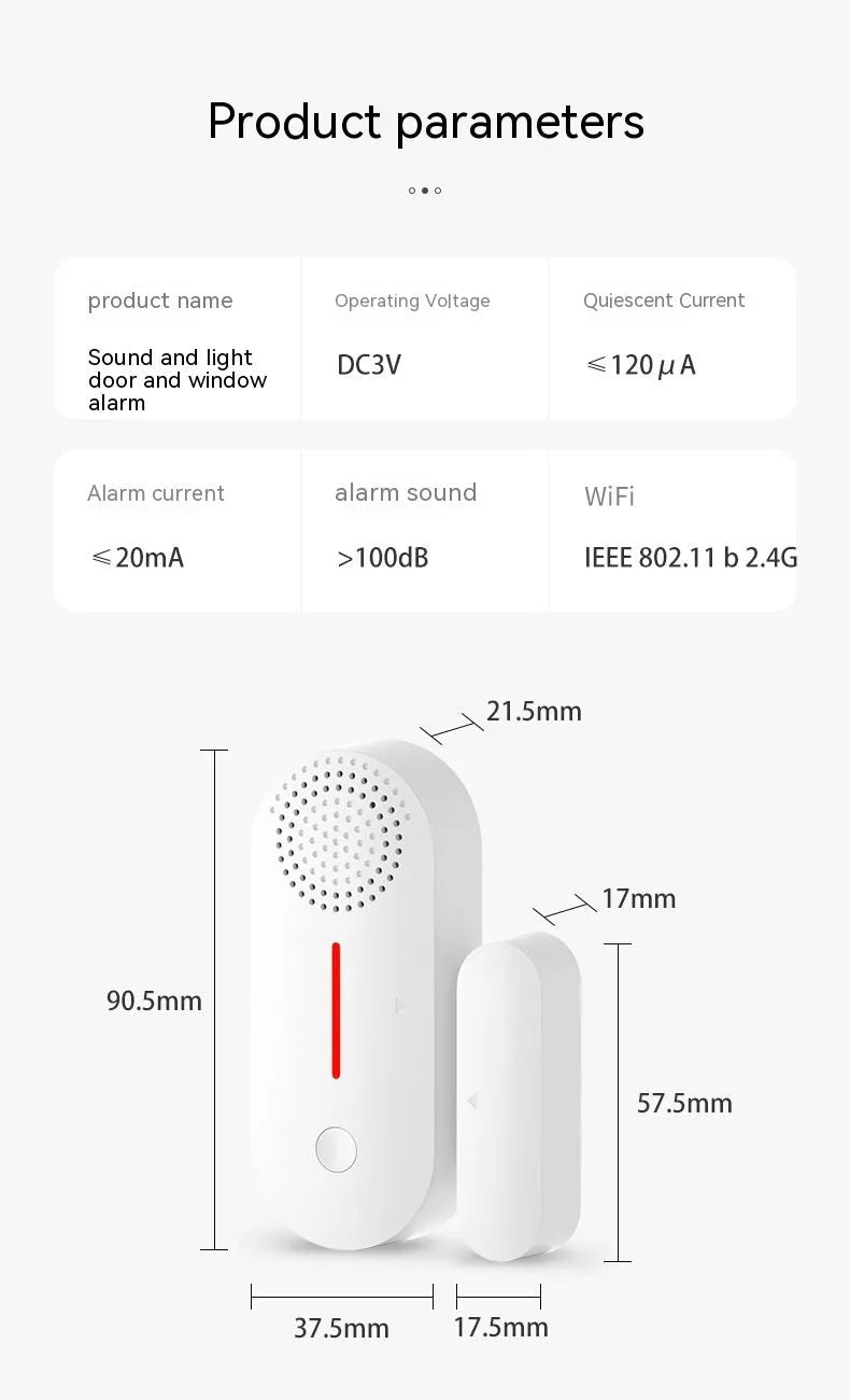White WiFi door magnetic sensor alarm unit with separate magnetic contact for home security