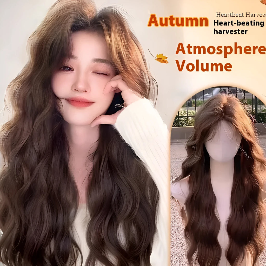 Full-head long curly synthetic wig with side bangs in cold brown colour.