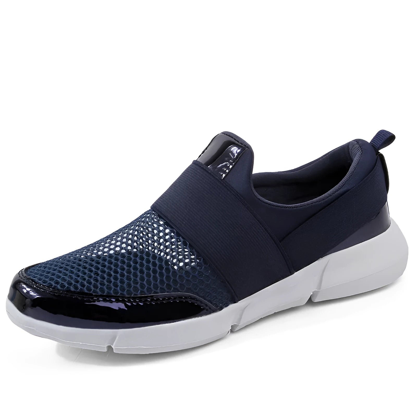 Blue, black, and grey women's low-top sneakers with a mesh lining and lightweight design.