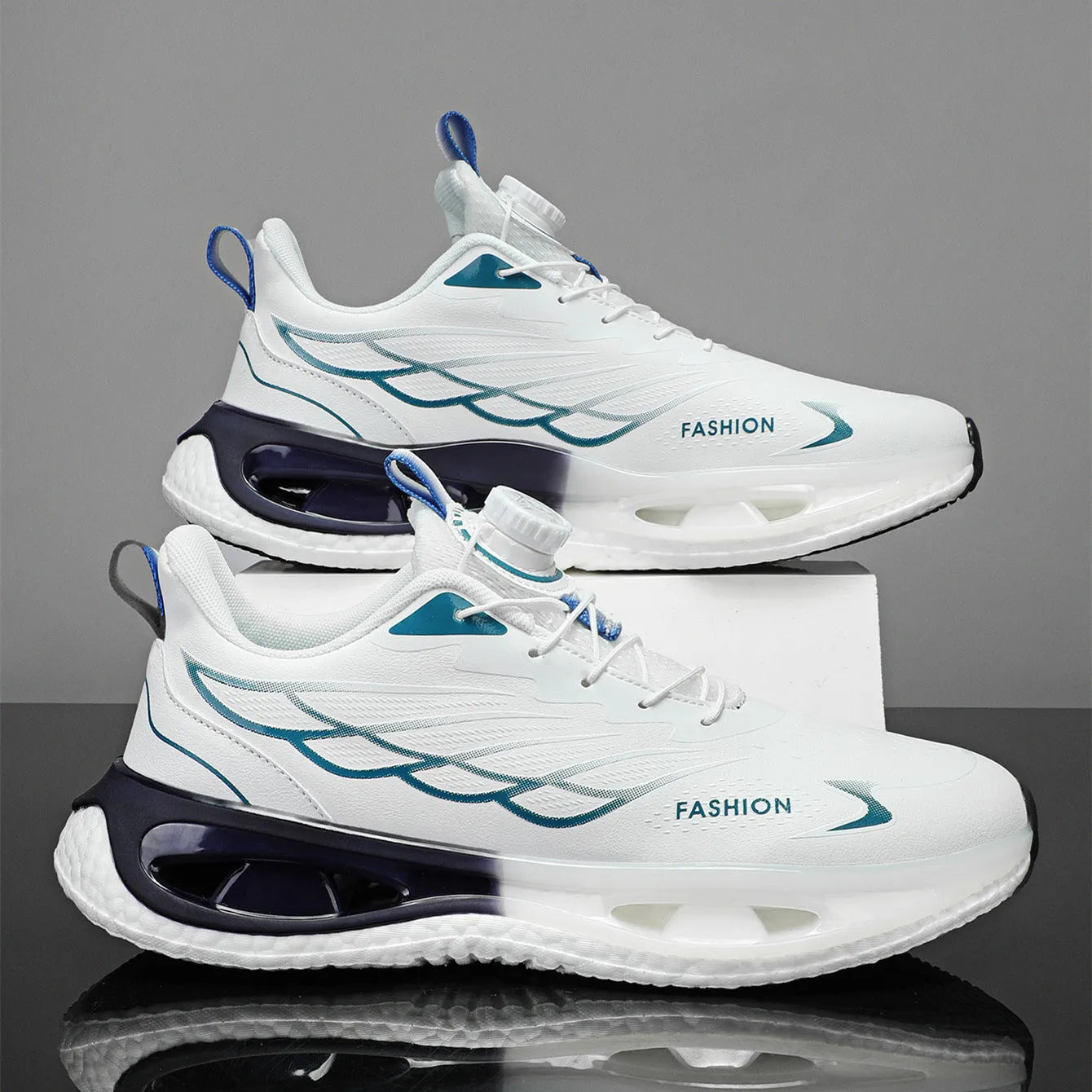 Youth rotating button sneaker with mesh upper and rubber MD TPU sole in light blue colour