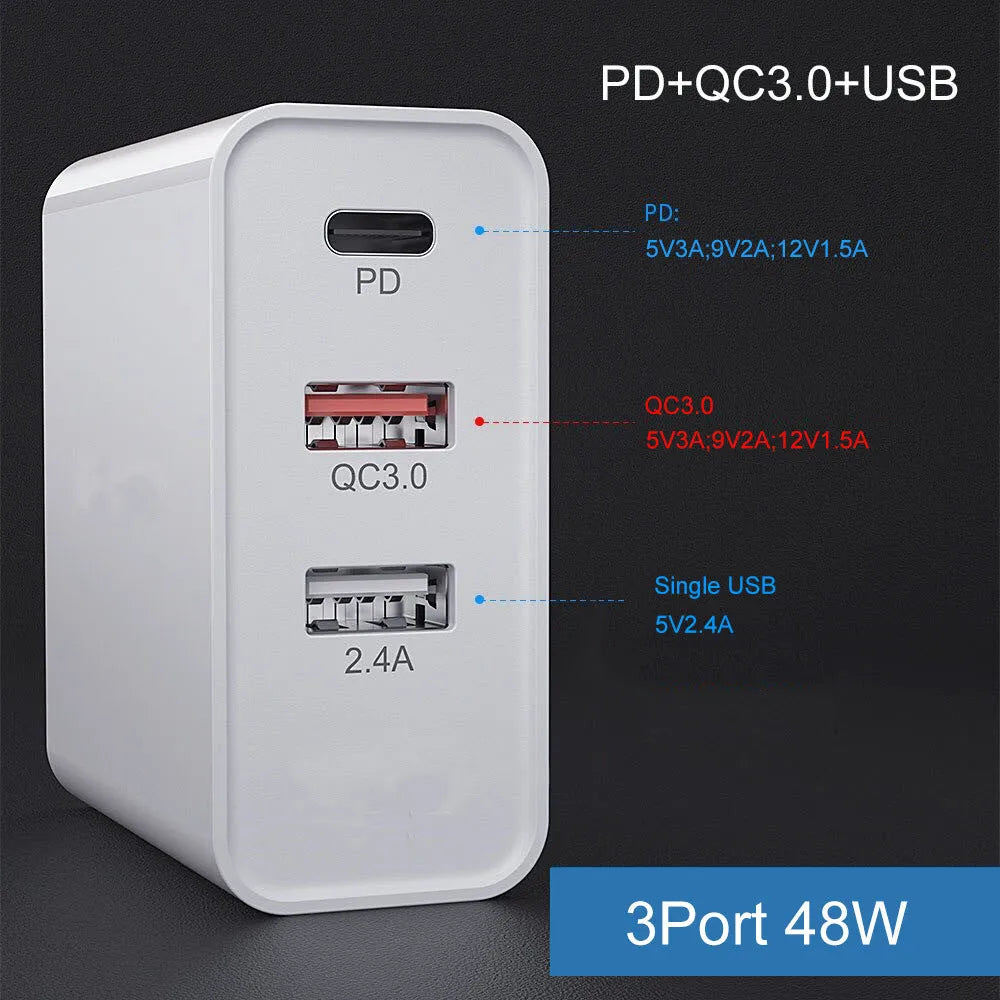 White multi-port USB wall charger with fast charging, showing PD and QC ports.