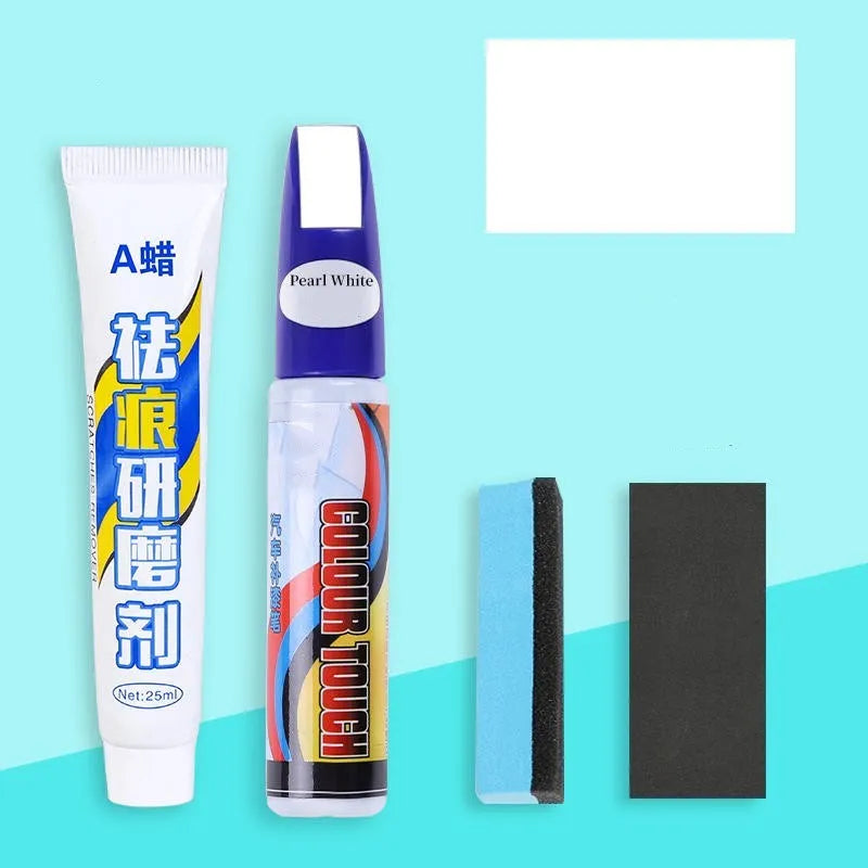 Automotive paint repair pen kit with touch-up fluid, scratch wax, sponge, and sandpaper.