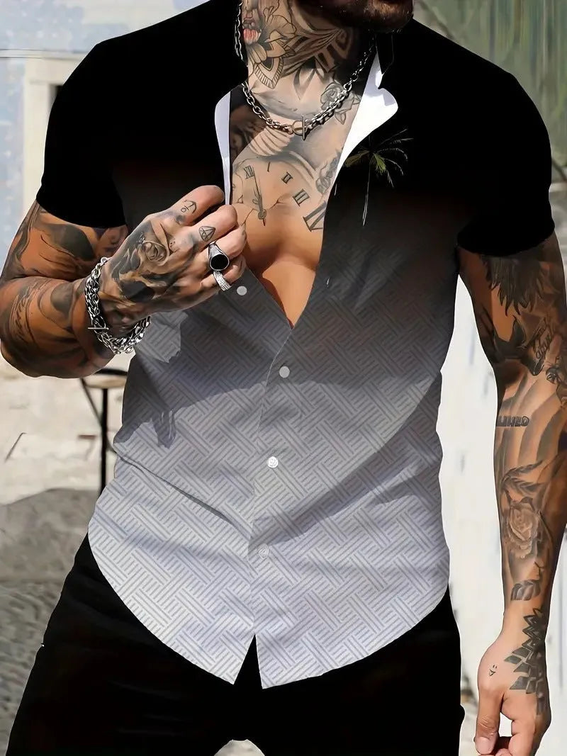 Men's geometric line print lapel short sleeve shirt in slim fit polyester fabric