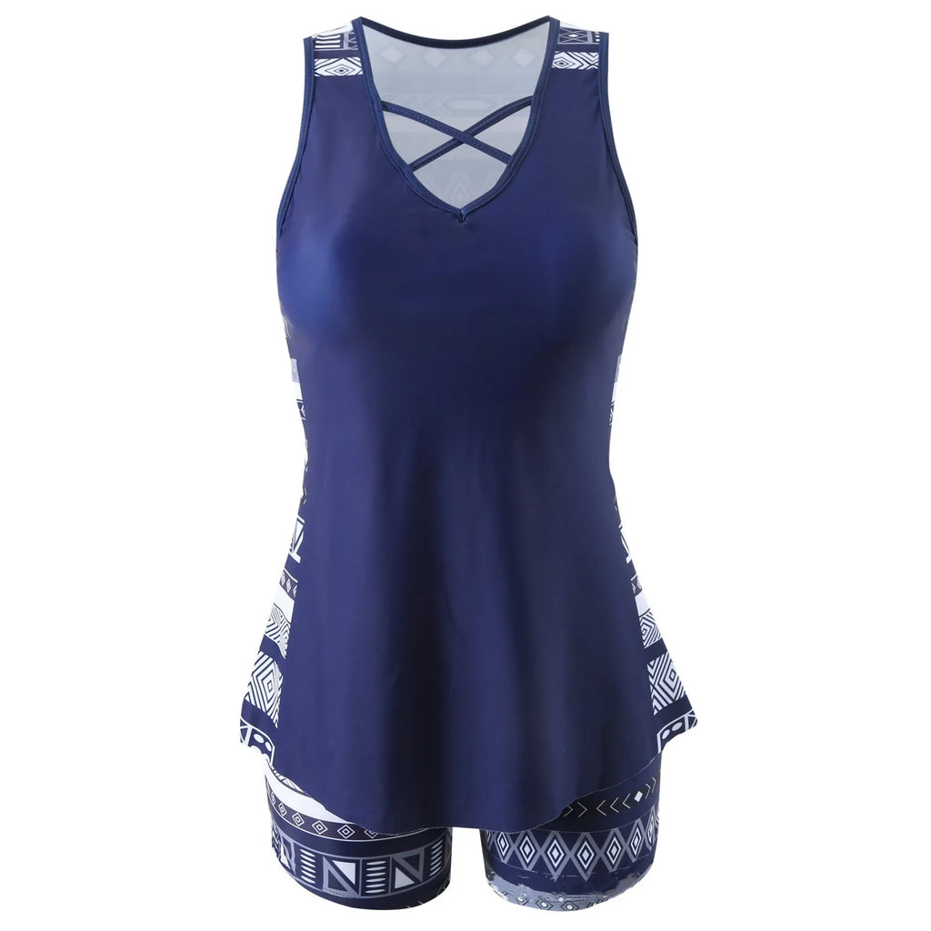 Women's sports hollow conservative split swimsuit in polyester sleeveless briefs style shown on white background