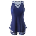 Women's sports hollow conservative split swimsuit in polyester sleeveless briefs style shown on white background