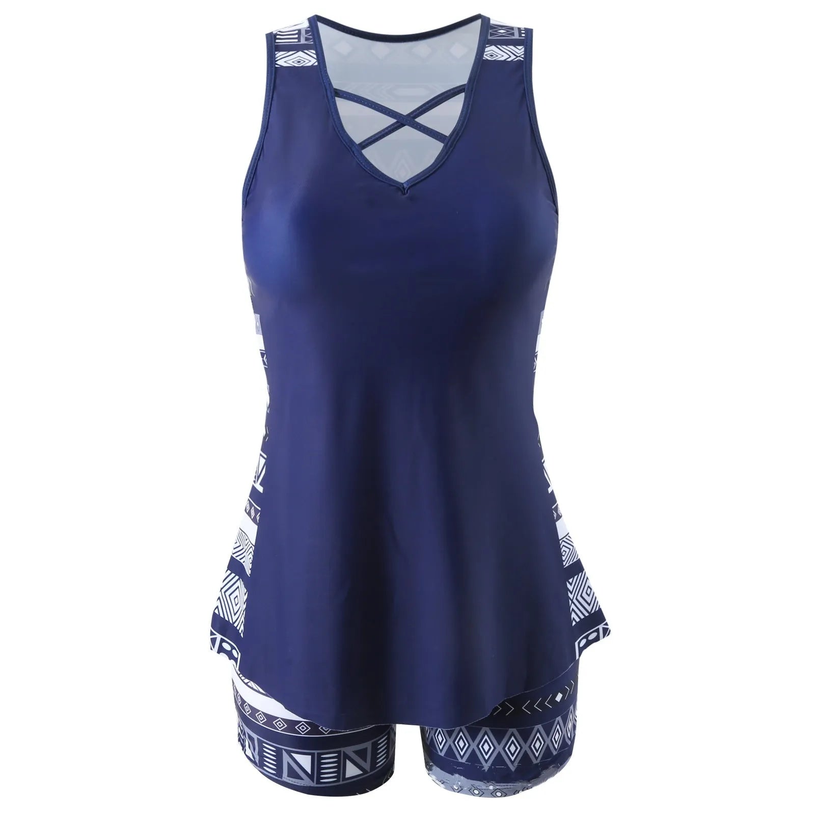 Women's sports hollow conservative split swimsuit in polyester sleeveless briefs style shown on white background