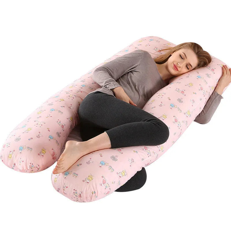 Large U-shaped pregnancy support pillow with removable cover in choice of fabrics.