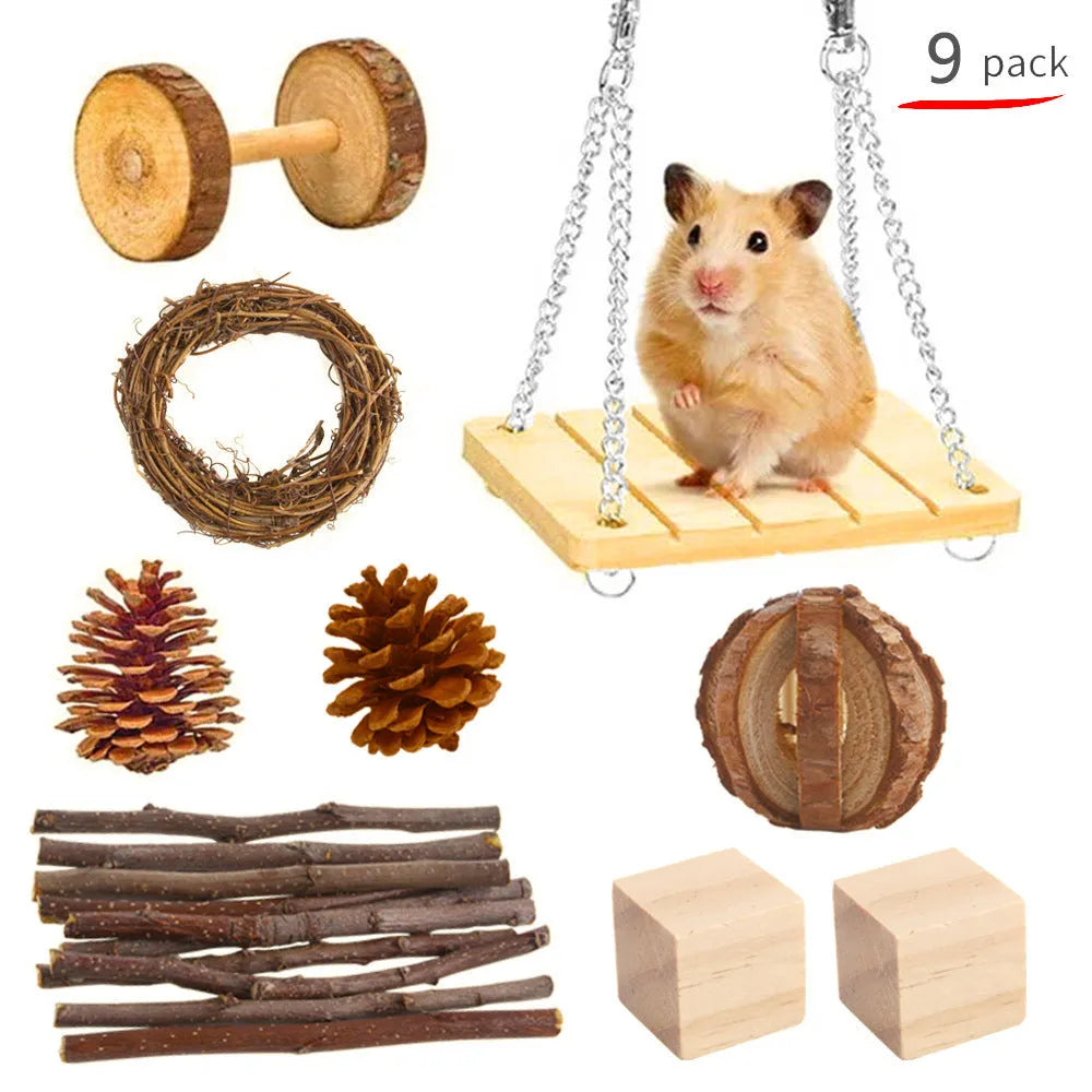 Wooden pet chewing toys bundle for rabbits guinea pigs and parrots with natural wood materials