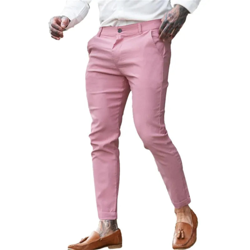 Men's slim fit stretch cotton twill pencil trousers in a choice of solid colours.