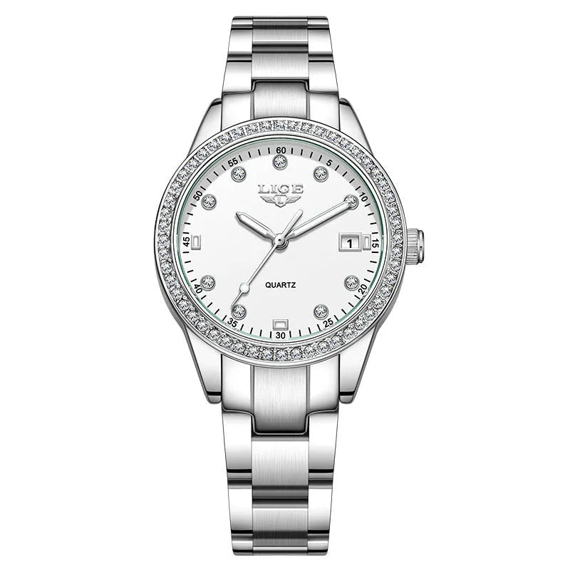 Silver fashion watch with diamond dial, luminous hands, and stainless steel case.