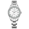Silver fashion watch with diamond dial, luminous hands, and stainless steel case.