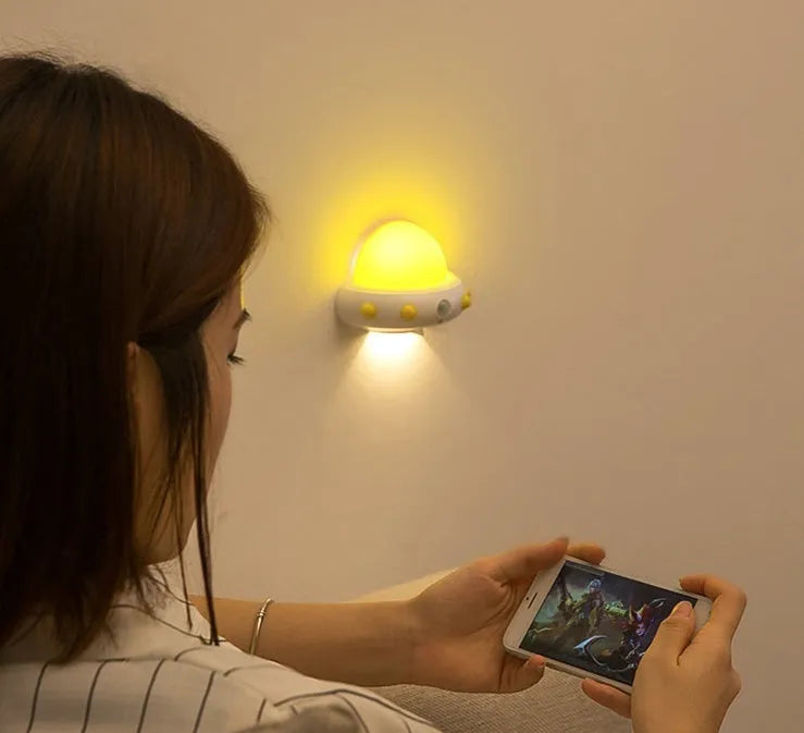 Remote control UFO cartoon bedside night light in blue, pink, or white colour options