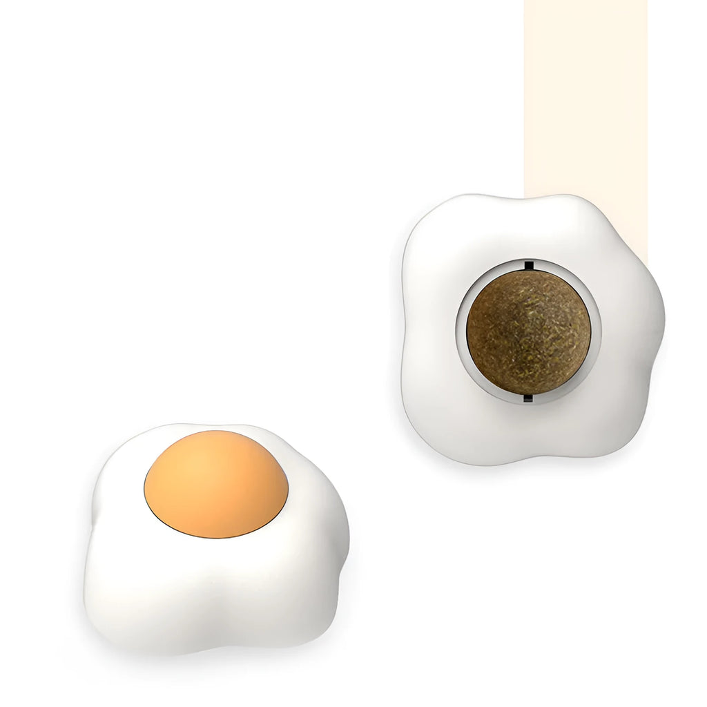 Interactive catnip ball toy with soft plush construction in fried egg and poached egg sizes