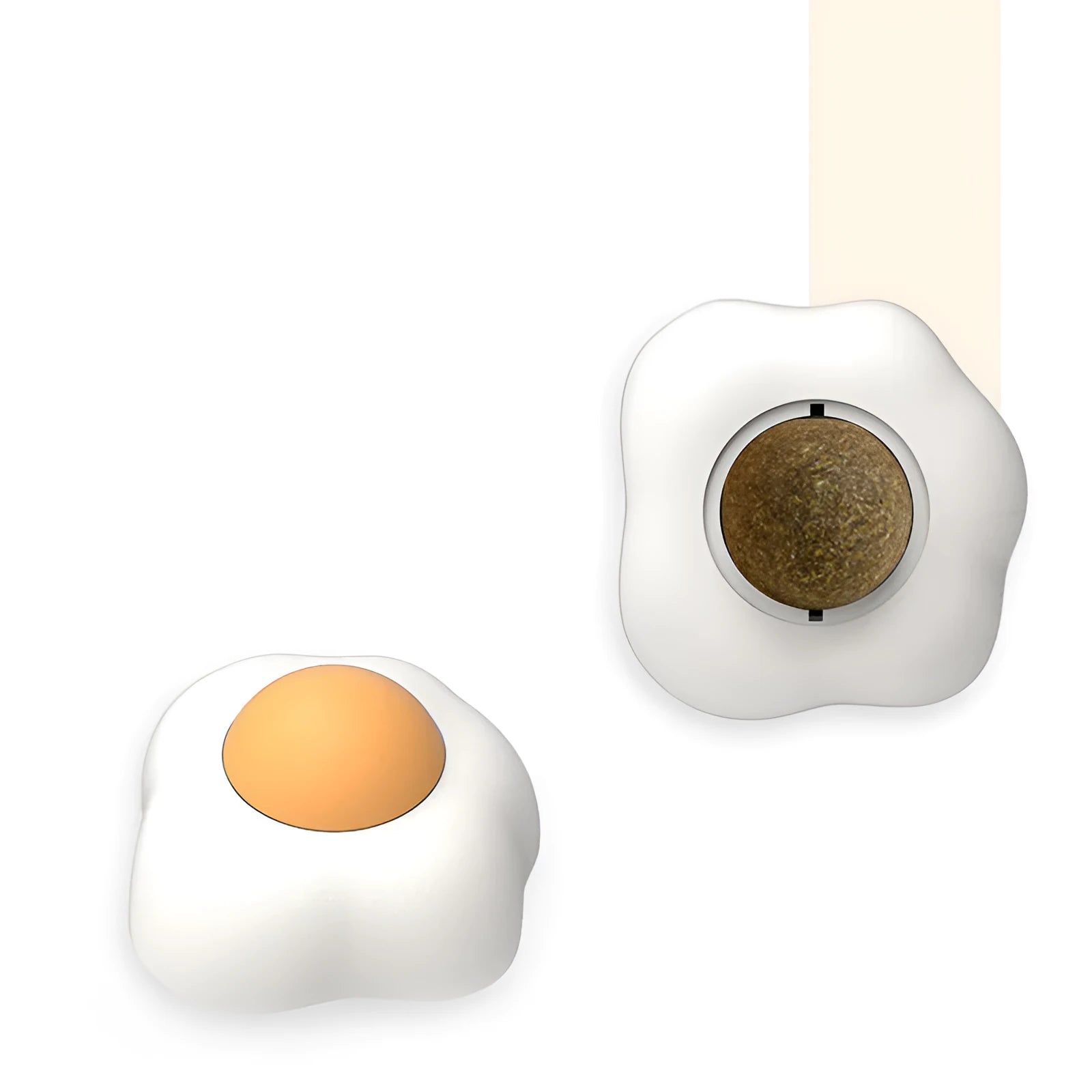 Interactive catnip ball toy with soft plush construction in fried egg and poached egg sizes