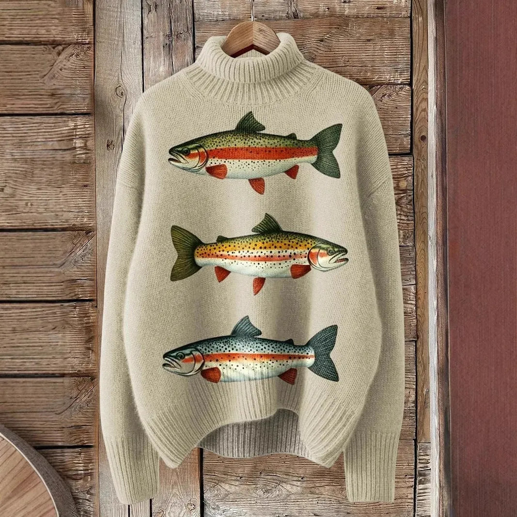 Women's Christmas printed turtleneck sweater with painting pattern in macaron colour