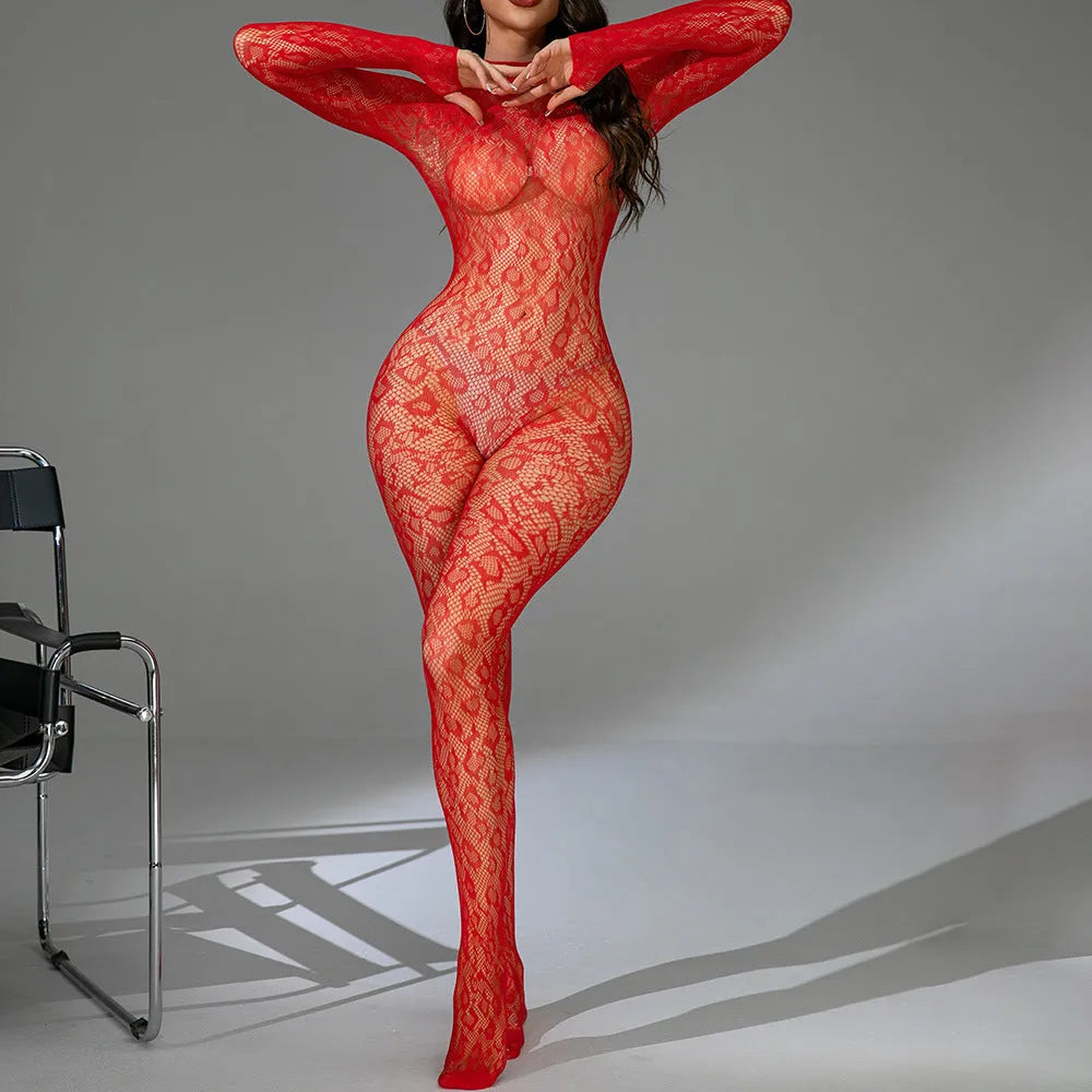 Women's black fishnet lingerie bodysuit with Jacquard detailing, long sleeves, and backless design