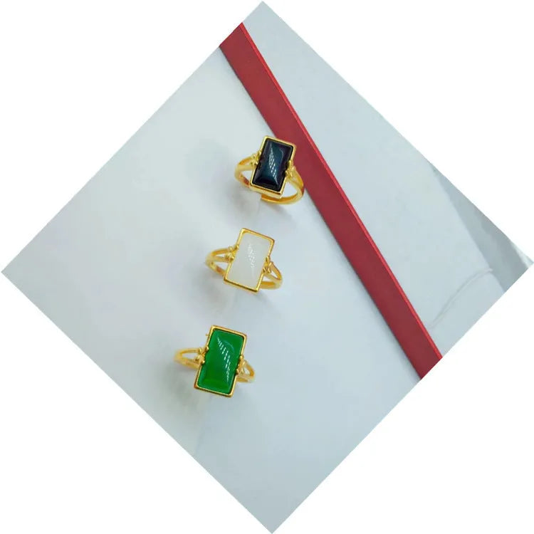 Adjustable national style gold-plated brass ring with gemstone inlay in black, green, or white colour options