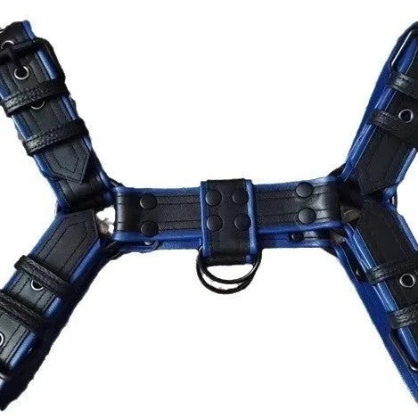 Blue and black adjustable leather shoulder strap with metal rivet buckle for party binding