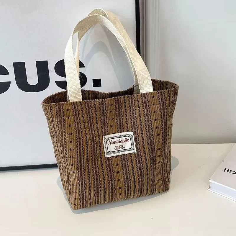 Japanese style corduroy women's tote handbag with large capacity and shoulder strap