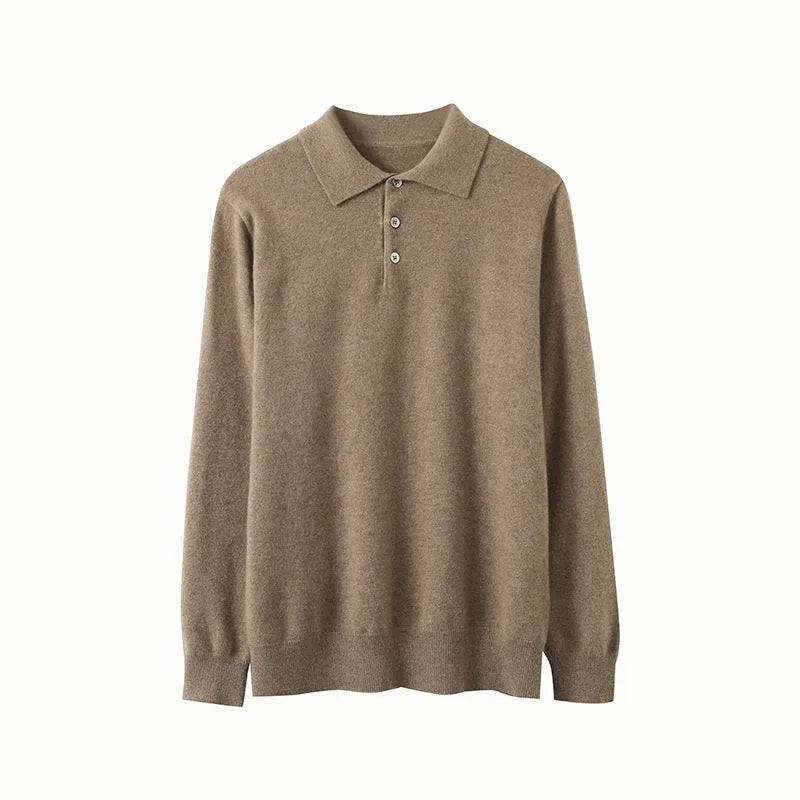 Men's sapphire blue cashmere short-sleeve pullover sweater with a polo collar.