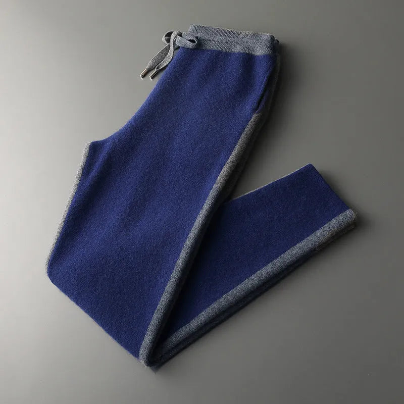 Men's cashmere wool blend knitted suit set with half turtleneck zipper cardigan and matching trousers for winter wear