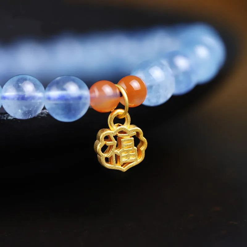 Ice translucent aquamarine crystal bracelet with blessing card and 8mm beads