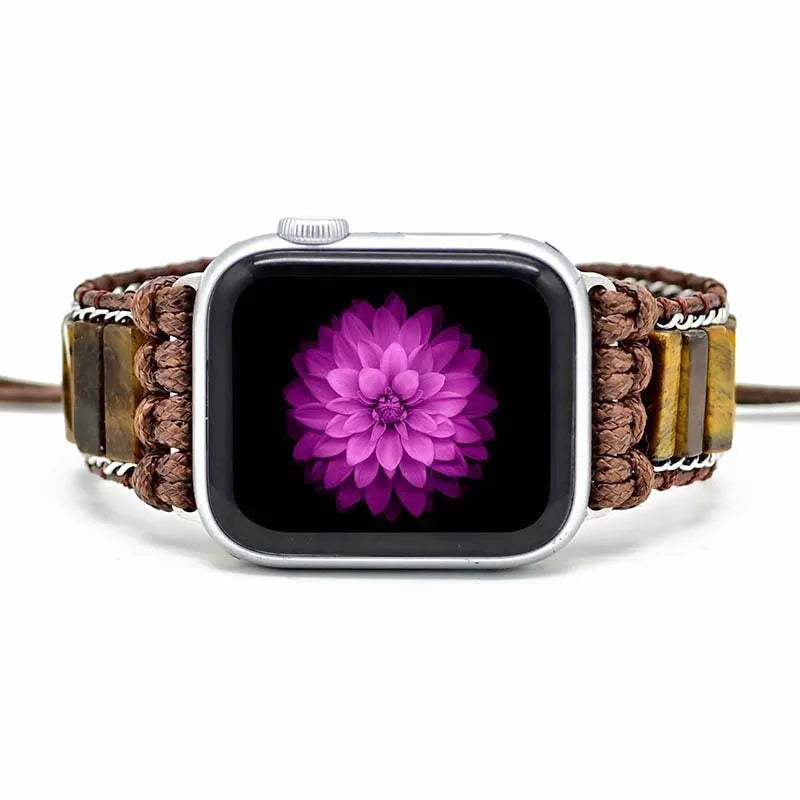 Rectangular tiger eye stone chain on a brown adjustable textile watch strap for men.