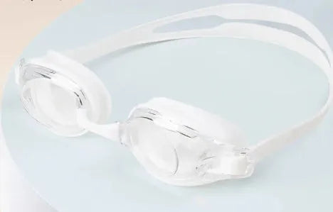 Adult myopia swimming goggles with anti-fog lenses in a black frame, shown with a protective hard case.