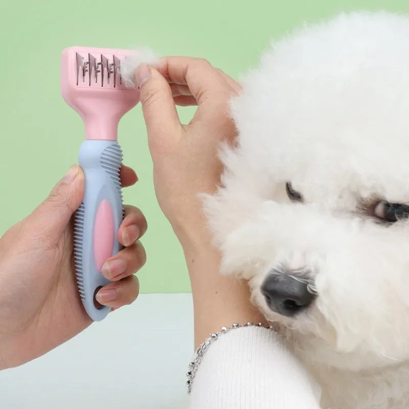Pink stainless steel dog grooming comb with massage function and knot knife for pet fur care