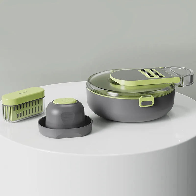 Grey and white multifunctional vegetable cutter set with stainless steel blades, eight knives, and storage accessories