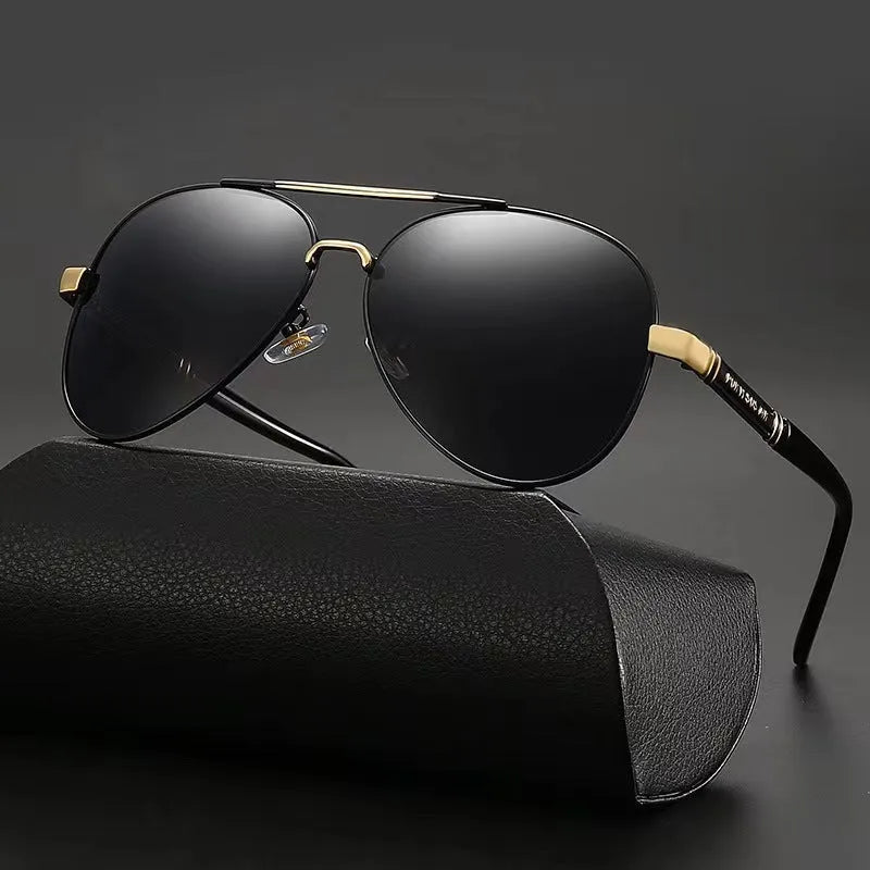 Men's polarised sunglasses with photosensitive colour changing lenses black frame and grey lenses