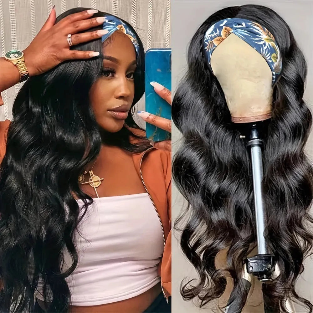 Headband wig with integrated elasticated headband in black straight, black curly, or wine red high temperature fibre hair