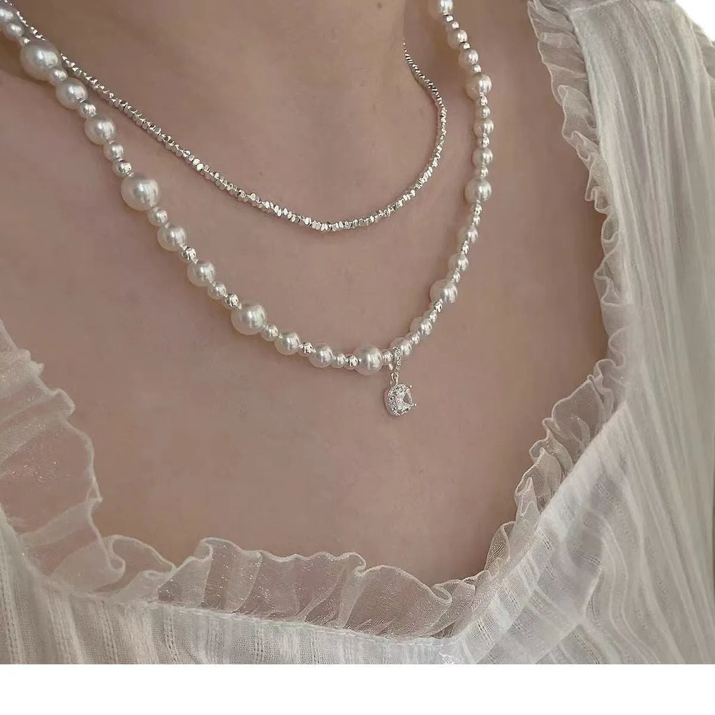 Cube sugar pearl necklace with star copper pendant on pearl chain