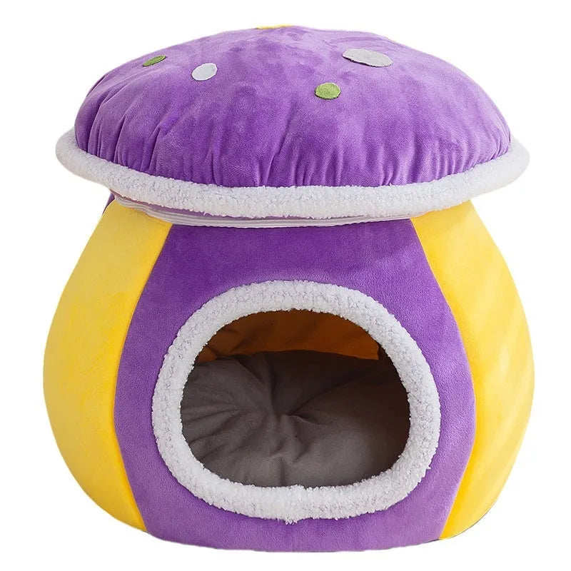 Grey mushroom-shaped plush cat bed with a detachable rabbit blanket for winter warmth.