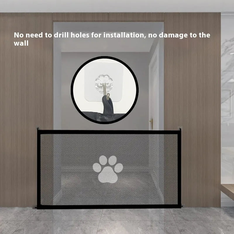 Portable folding dog barrier net with plastic support rods showing dog footprint pattern on doorsill