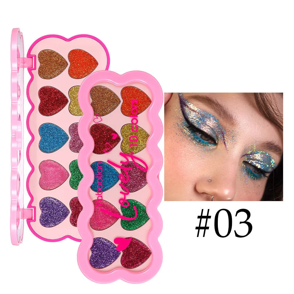 Pearlescent heart shaped ten-colour sequins eye shadow palette with universal skin type compatibility