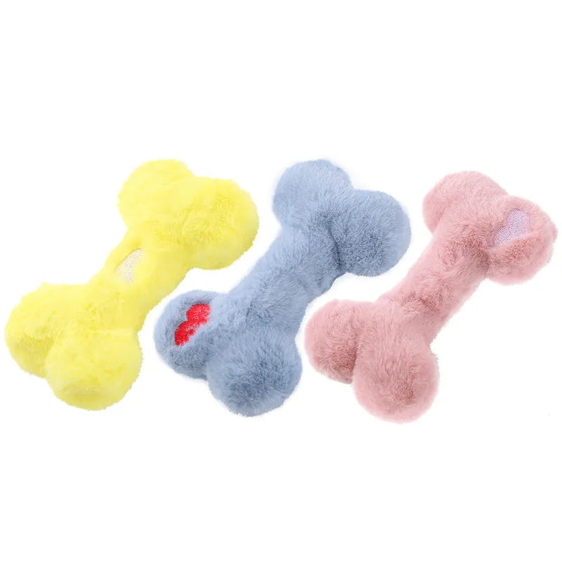 Cute love bone shaped plush dog toy with vocal squeaker in blue, pink, or yellow colours