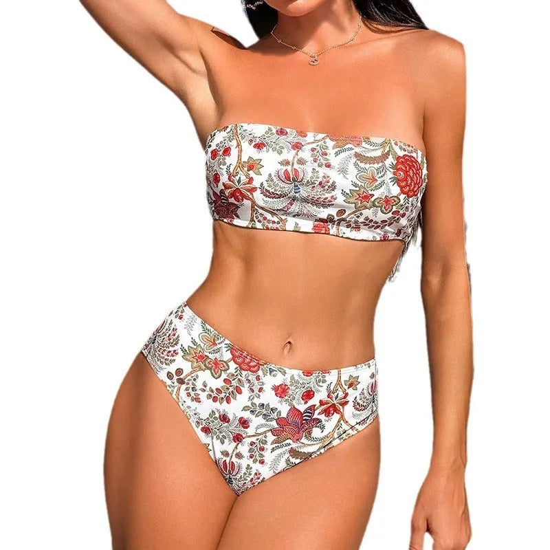 Women's printed bandeau swimsuit top with matching shorts laid flat