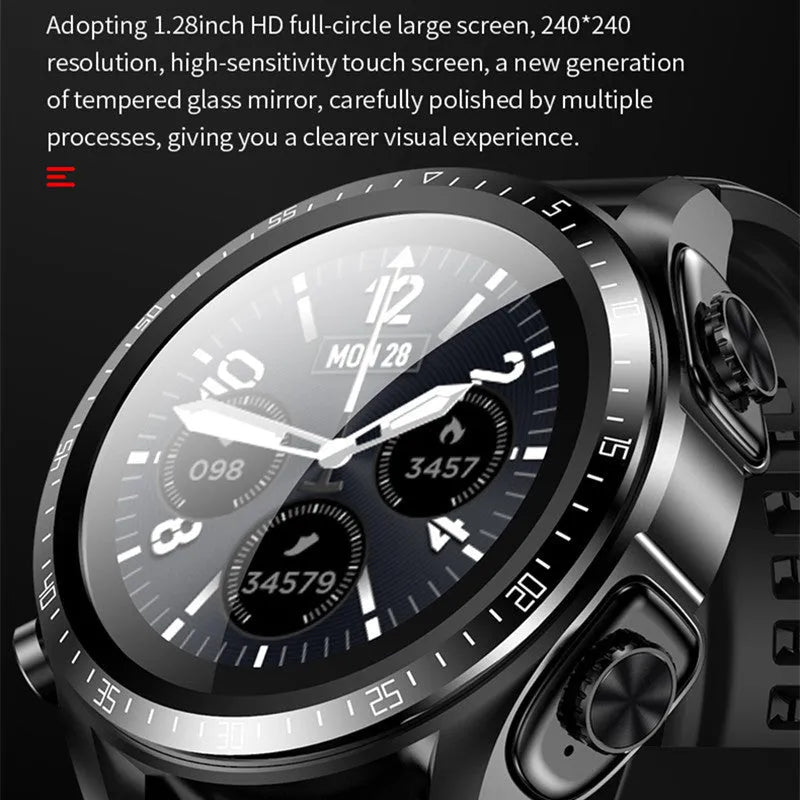 Black stainless steel round dial smart watch with heart rate monitoring and Bluetooth call feature