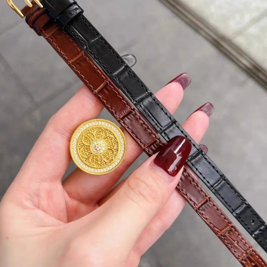Gold plated eight-treasure compass watch chain with moissanite inlay on a black leather strap
