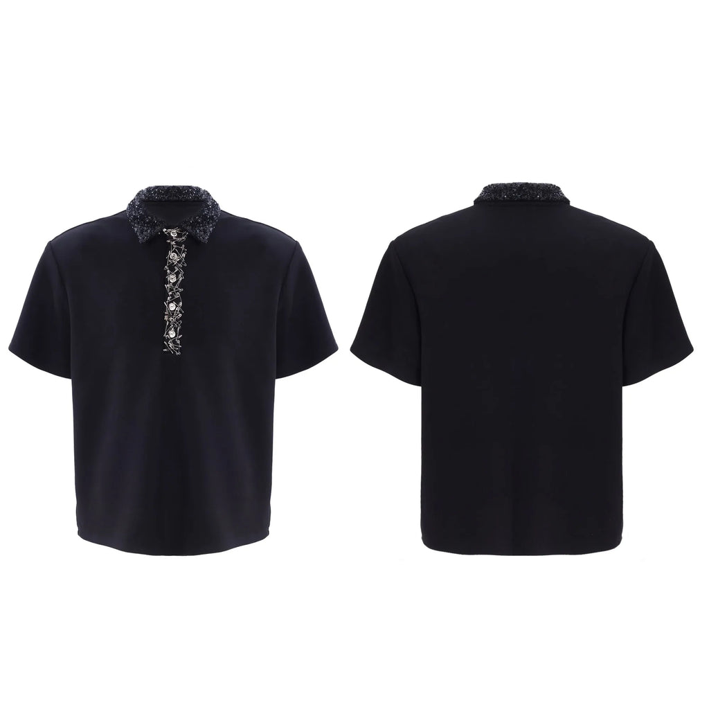 Men's loose fit polo t-shirt with a square collar in solid black, grey, or white.